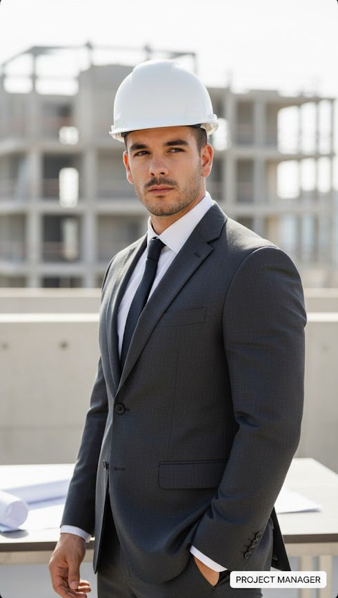 Jefe de obra con un casco blanco mirando la obra